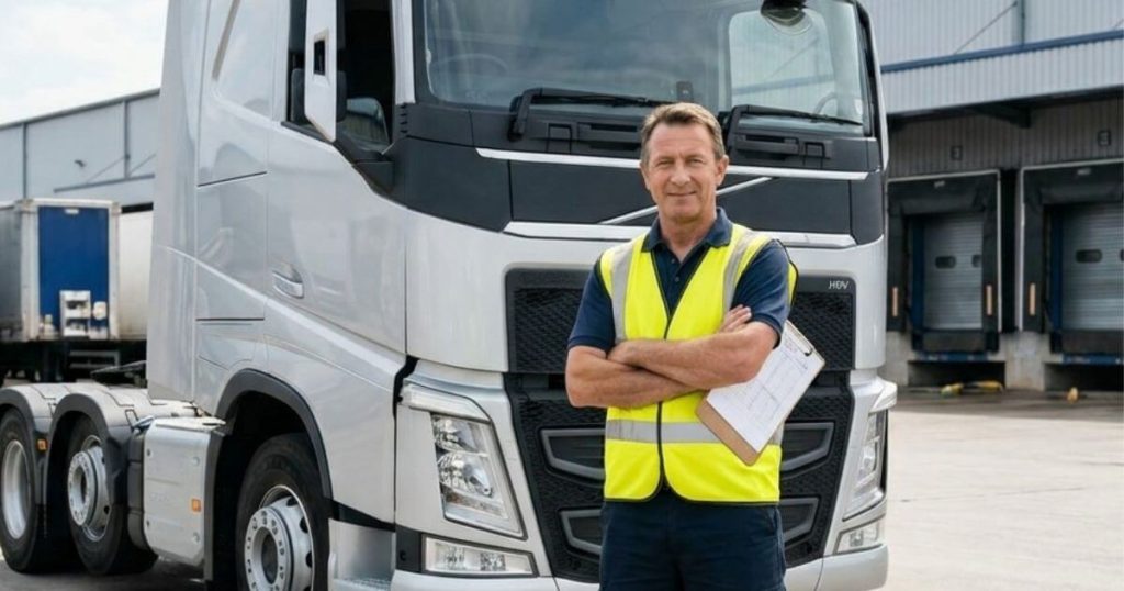A UK lorry driver standing next to an HGV truck.